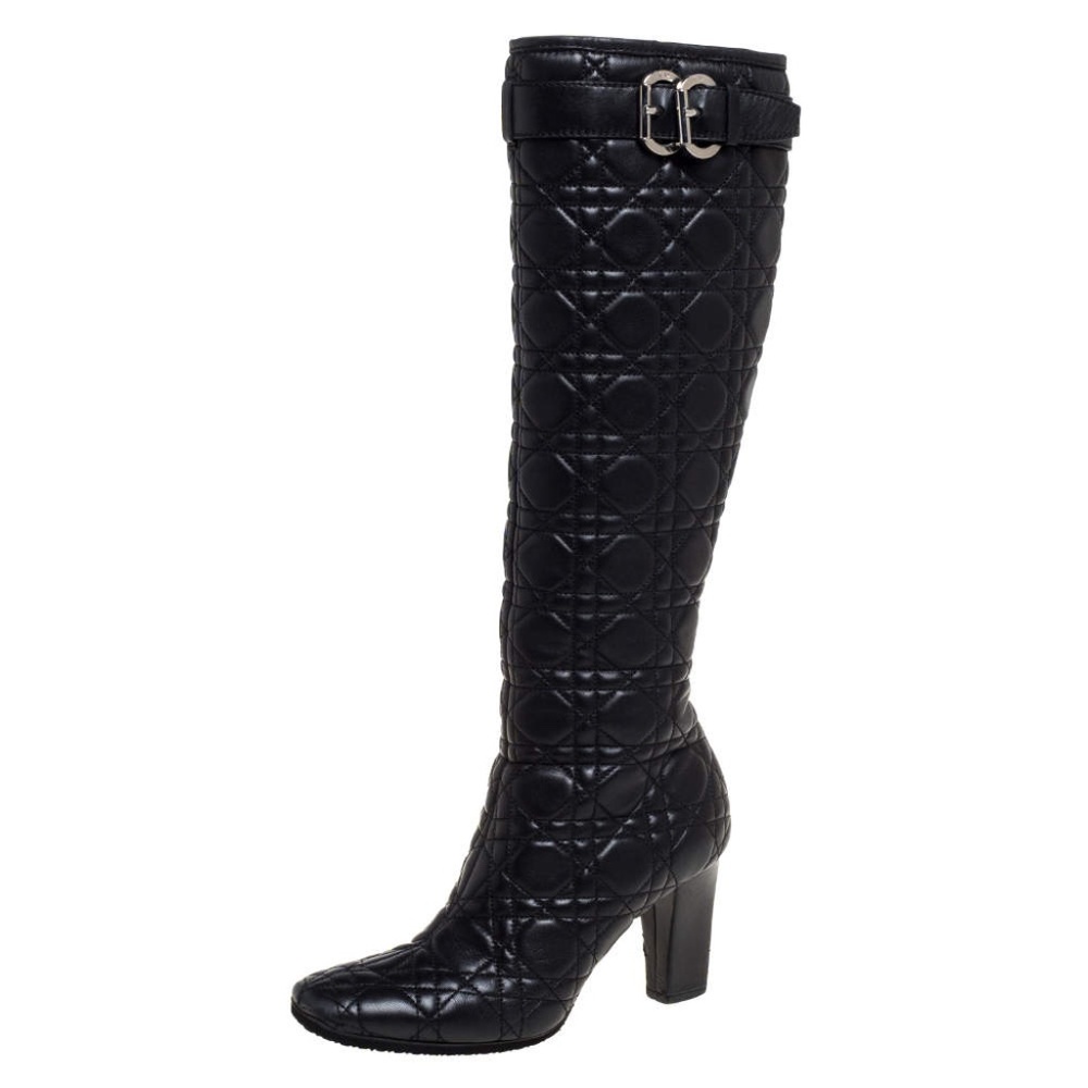 Lady Dior Cannage Black quilted leather knee boots Size 38.5
